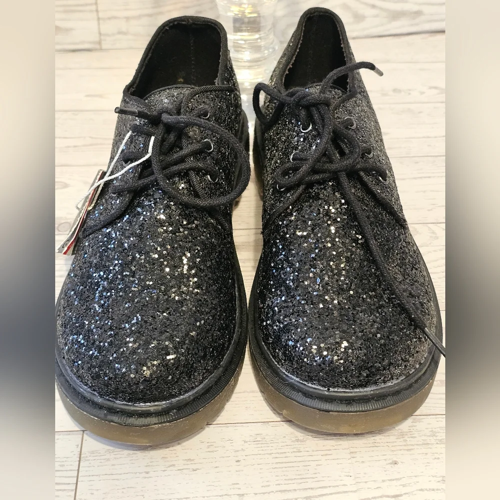 Zara Kids Black Glitter Chunky Platform Shoes Lace Up Clear Sole Size 35 EU / 6